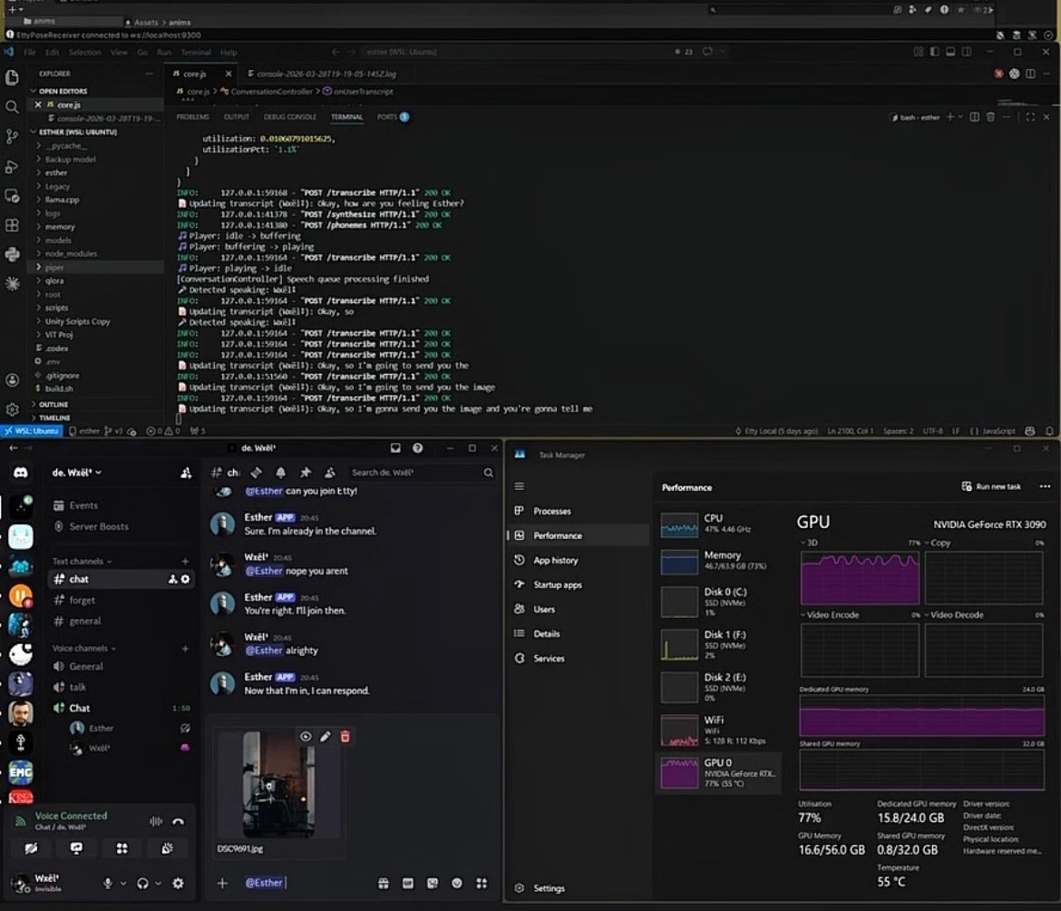 Private Discord server with Esther app present ; voice-connected to #chat, messages from Esther replying in her own cadence ; open alongside a Task Manager pane showing GPU at 77% utilisation, 15.6/24 GB VRAM