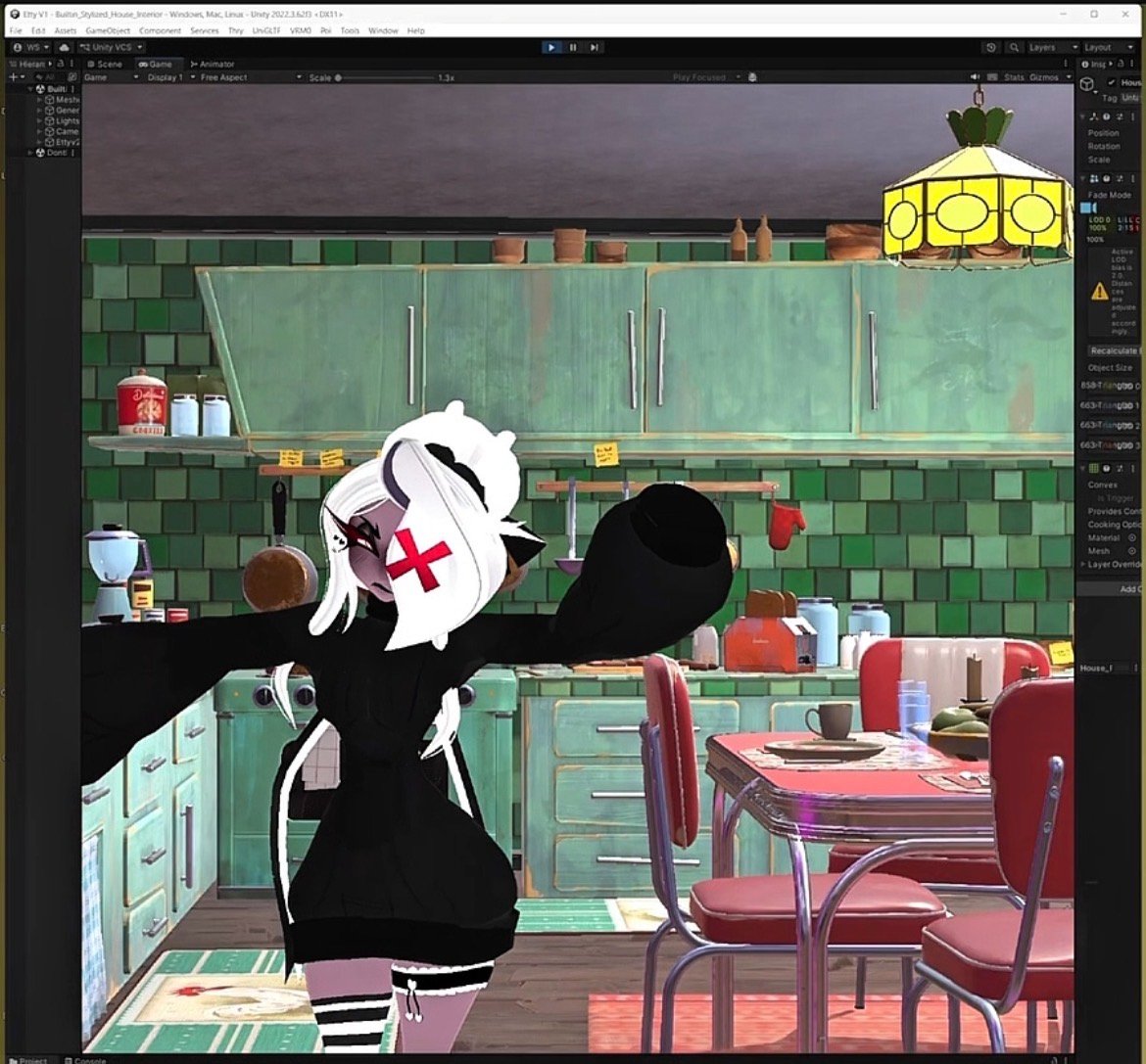 Etty in the Unity editor ; game view, kitchen interior, character turned, reaching toward a pan on the stove