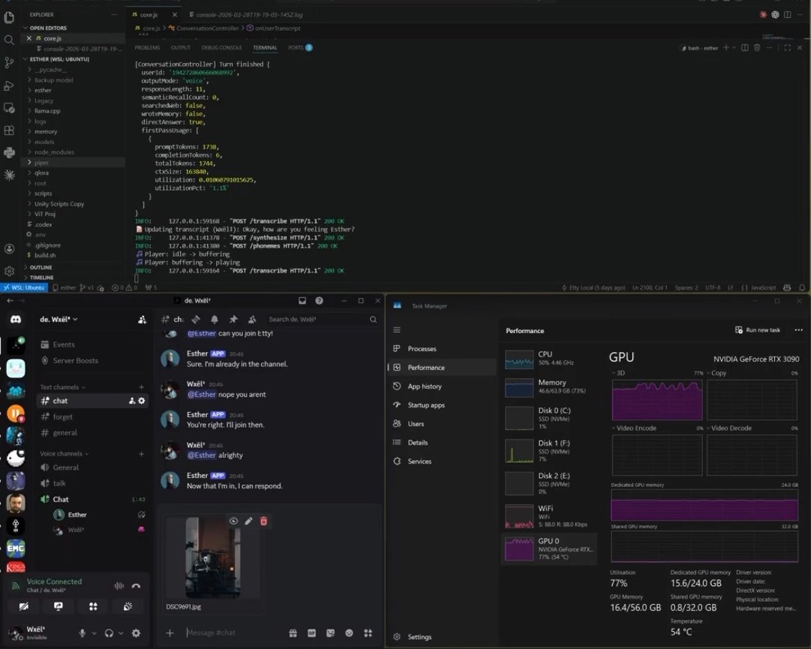 VS Code terminal showing ConversationController turn log: 1744 total tokens, 11 response length, transcribe and synthesize endpoints returning 200 OK, Player state transitioning idle → buffering → playing
