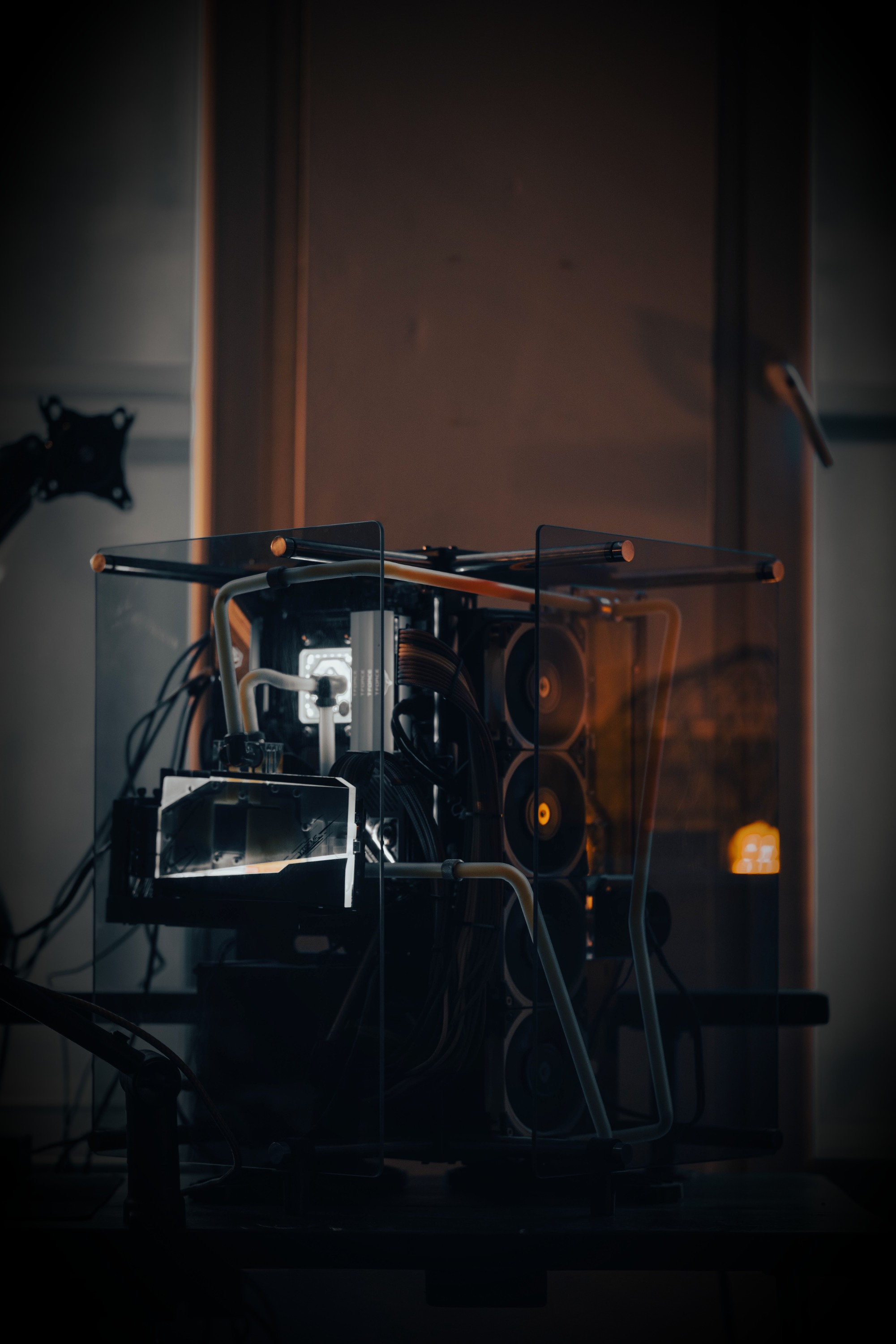 Hectic Modernity ; front view, tempered glass reservoir lit by edison bulb