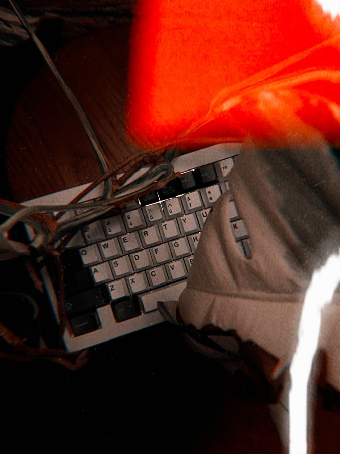 Keyboard with dark red hood