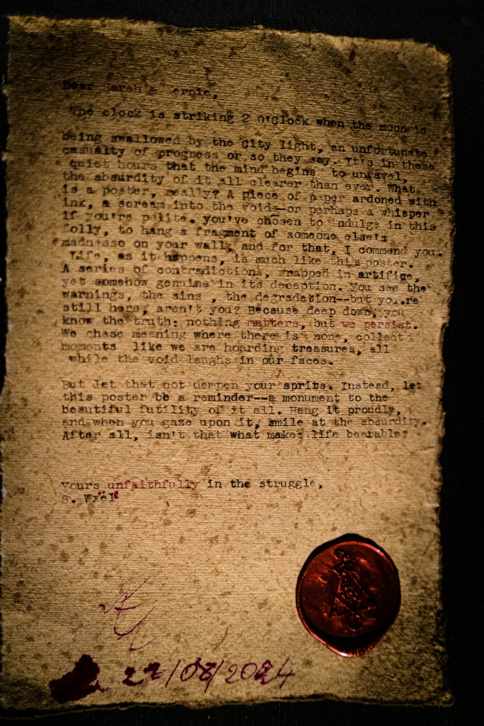 Typewritten letter on torn handmade paper, dated 22 August 2026, sealed with red wax