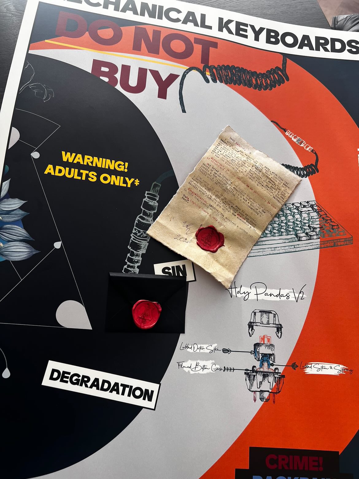 Overhead view of the poster flat, with the typewritten letter and a black wax-sealed envelope on top, plus handwritten annotations ; Holy Pandas V2, Lubed Dietac Stem, Filmed Bottom Case